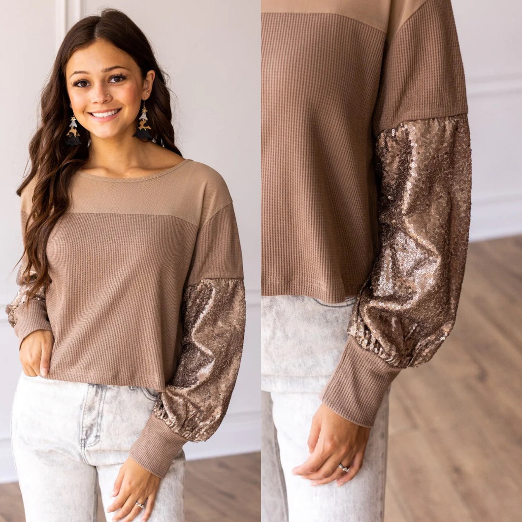 Tan Knit Top with Mesh & Sequins