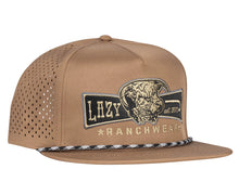 Load image into Gallery viewer, Lazy J Ranch Tan Diamond Banner Classic Five Panel Trucker Rope Hat