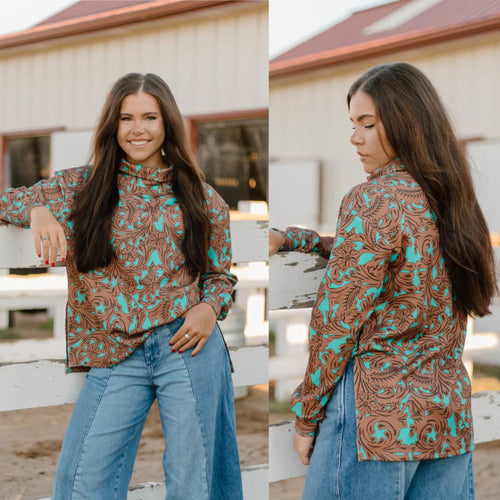 Turquoise Tooled Mock Neck Sweatshirt