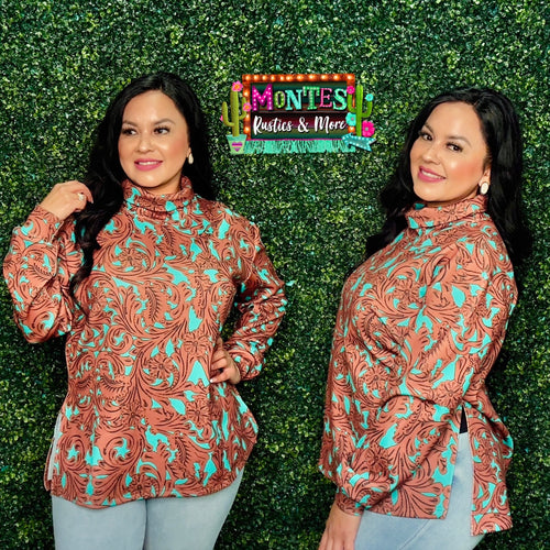 Turquoise Tooled Mock Neck Sweatshirt
