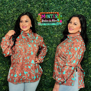 Turquoise Tooled Mock Neck Sweatshirt