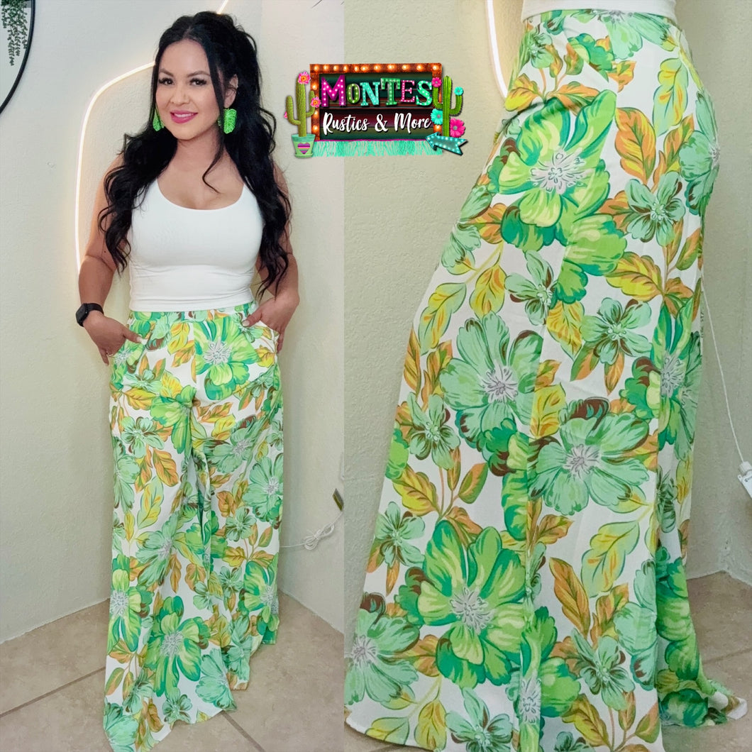 Green Wide Leg Floral Pants