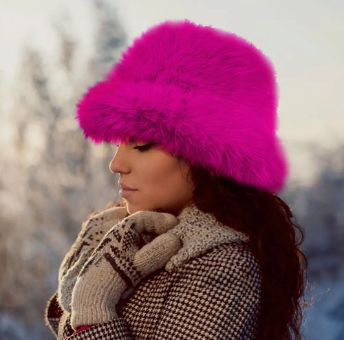 Fuschia Fuzzy Faux Fur Bucket Hat