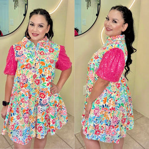 Floral Sequin Puff Sleeve Dress