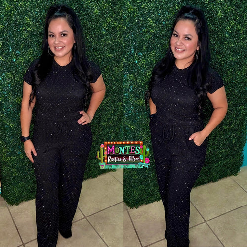 Black Rhinestone Short Sleeve Set