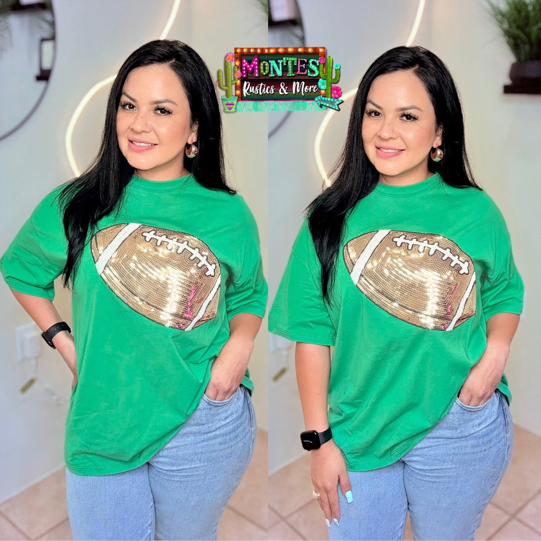 Green Game Day Sequin Football Patch T-shirt