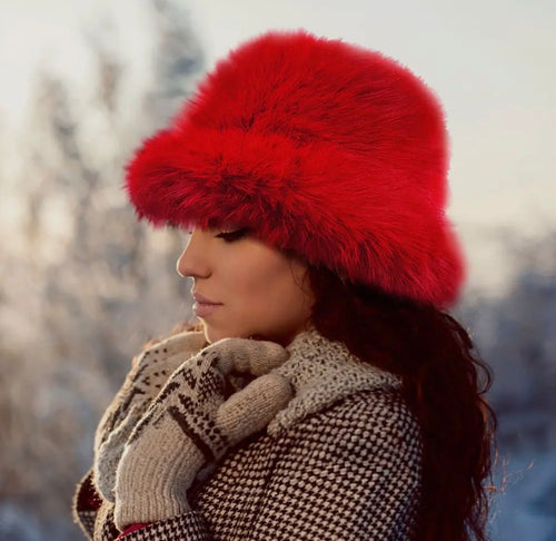 Red Fuzzy Faux Fur Bucket Hat
