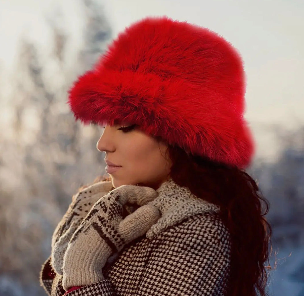 Red Fuzzy Faux Fur Bucket Hat