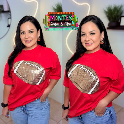 Red Game Day Sequin Football Patch T-shirt