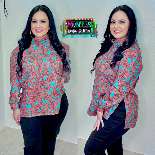 Turquoise Tooled Mock Neck Sweatshirt