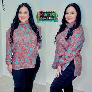 Turquoise Tooled Mock Neck Sweatshirt