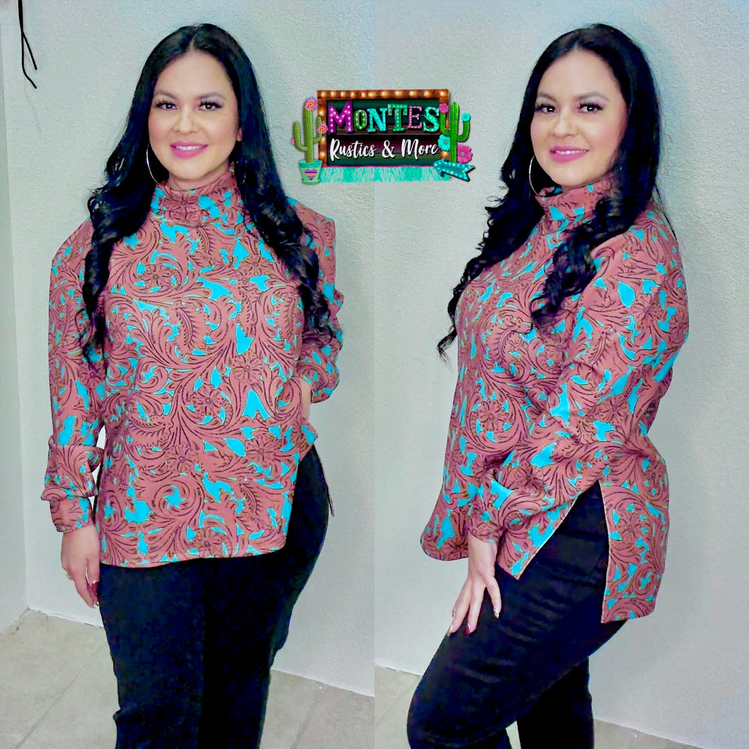 Turquoise Tooled Mock Neck Sweatshirt