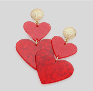 Red Glittered Double Raisen Heart Earrings