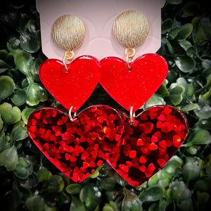 Red Glittered Double Raisen Heart Earrings