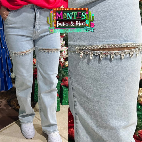 Rhinestone Cutout Wide Leg Jeans