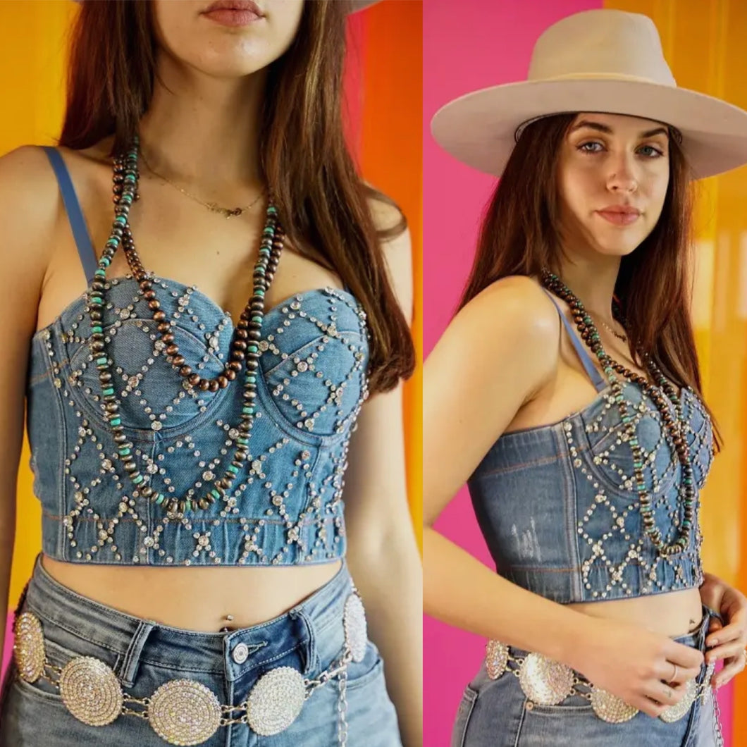 Denim Rhinestone Crop Top