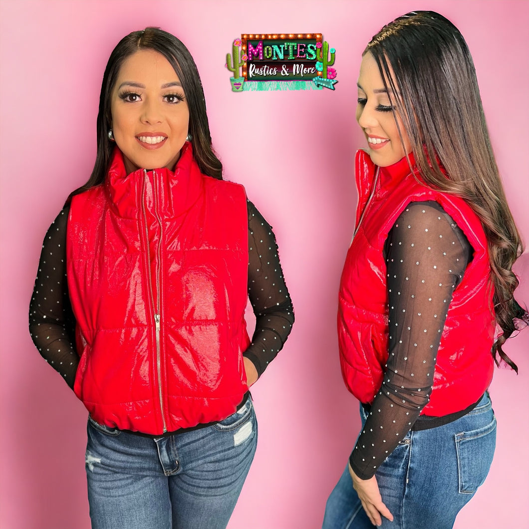 Faux Leather Puffer Vest ( RED)