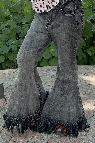 Girls Black Fringe Denim Bell Bottoms